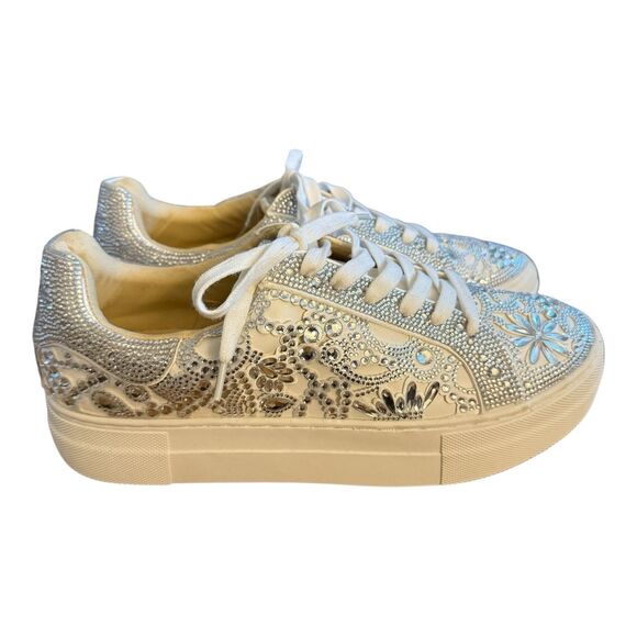 Betsey Johnson Rhinestone Sneakers Women Shoes Sz 9 Lenon White Silver Sparkle - Picture 6 of 12